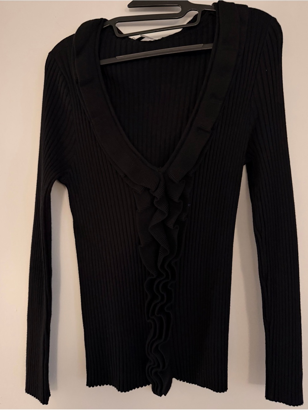 VENUS Black Ribbed V-Neck Ruffle Sweater